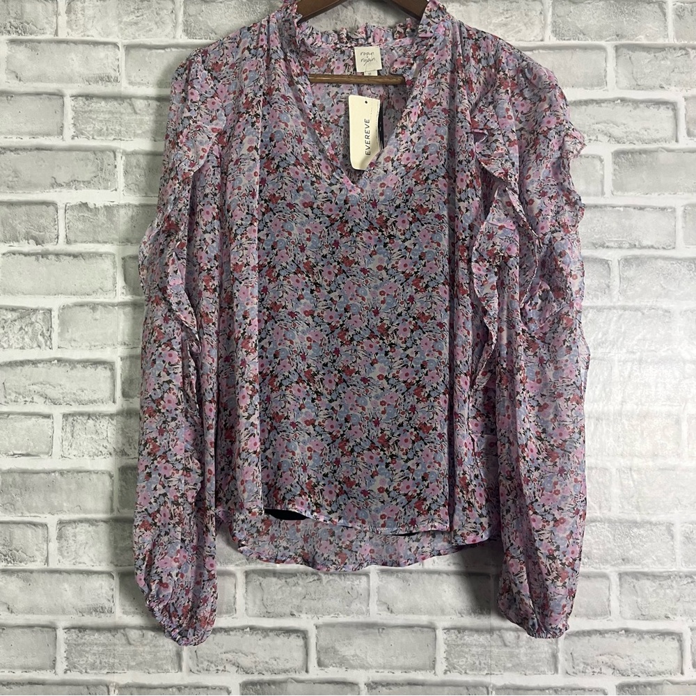 Evereve Lavender Floral Ruffle Long-Sleeve Blouse
